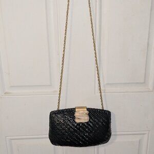 Vintage RODO Italy Black Woven Wicker Clutch Gold Tone Chain Strap Handbag